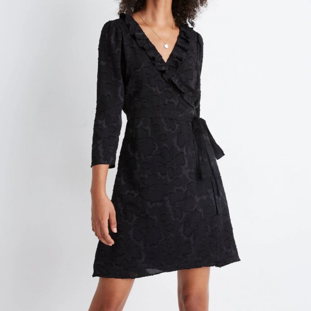 Madewell Ruffled Wrap Dress in Floral Jacquard Tonal Black V-Neck XL NWOT